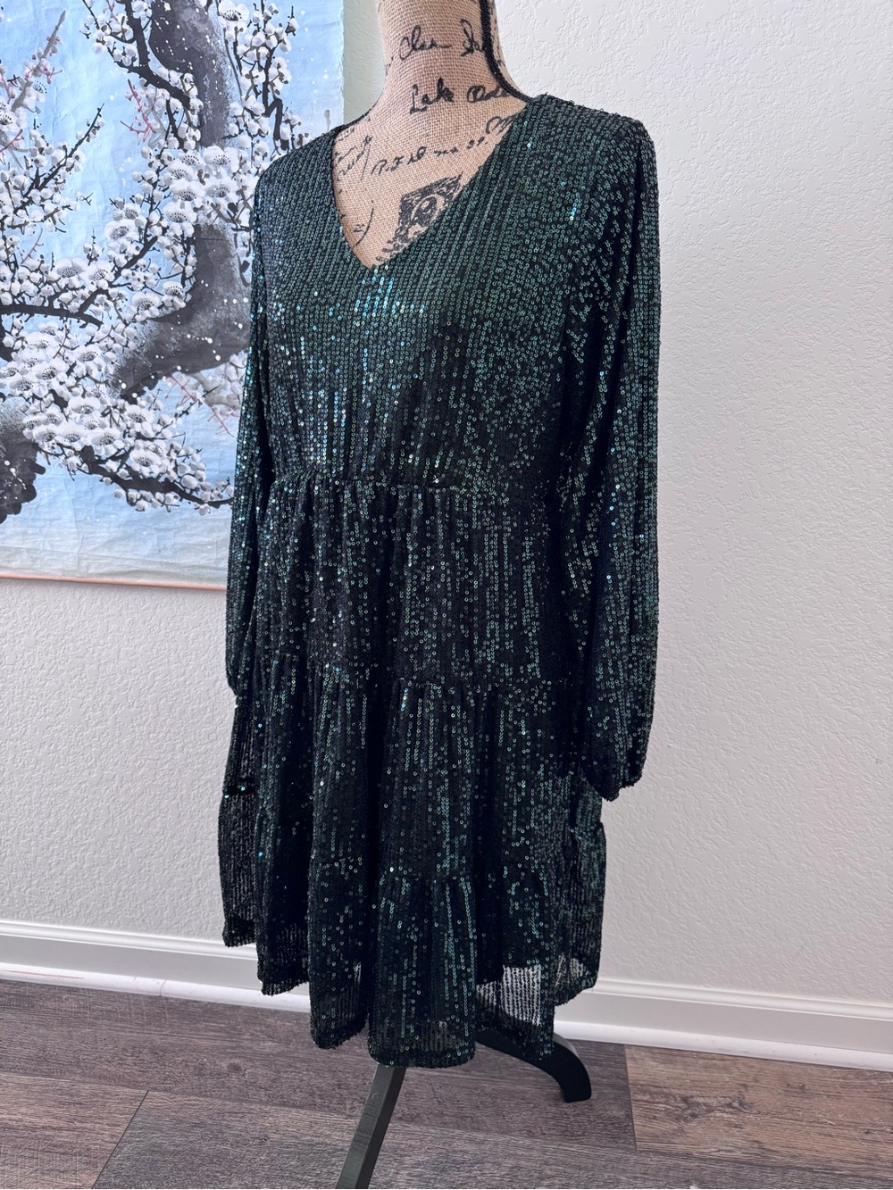 Cable & Gauge Women's Sequin Tiered Babydoll Mini Dress - Dark Emerald Green